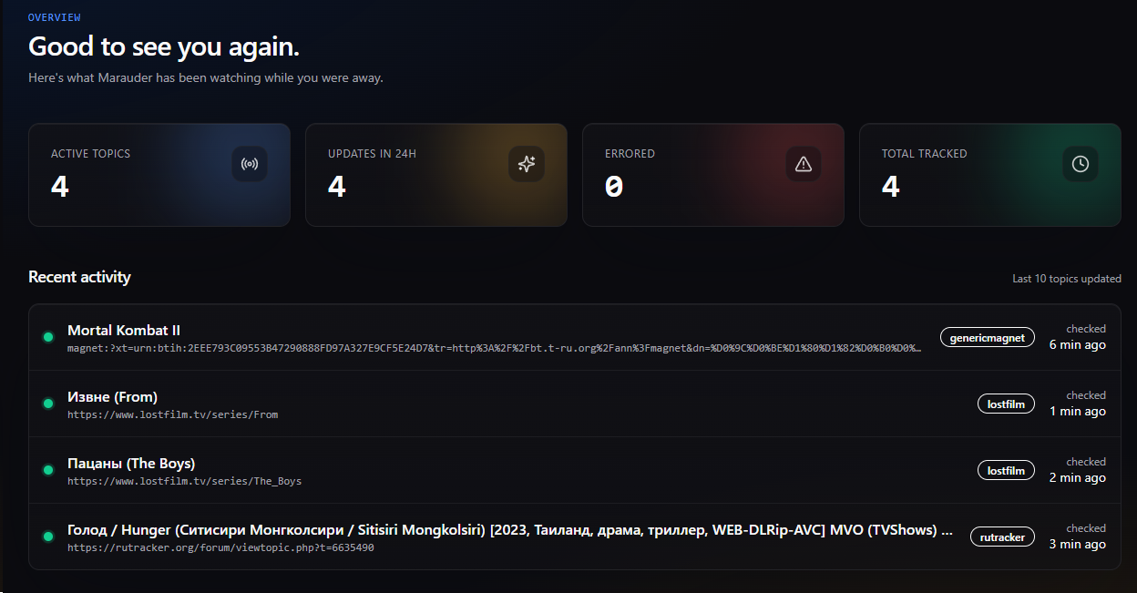 Marauder dashboard: active-topics, updates-in-24h, errored, and total-tracked tiles above a recent-activity feed of monitored topics.