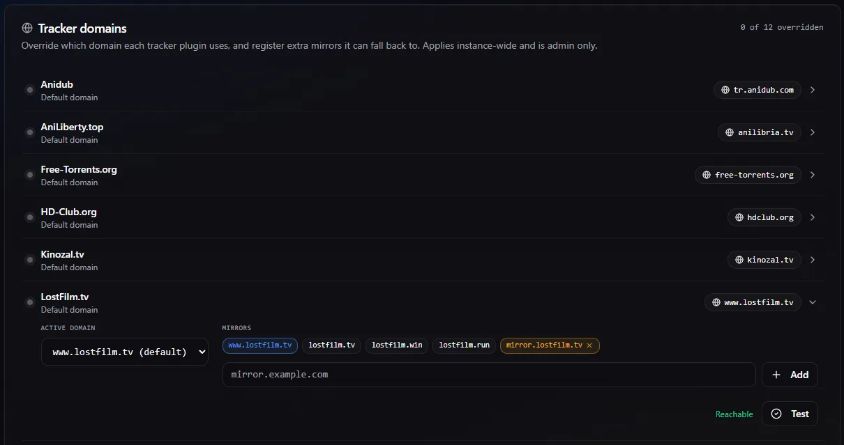 Marauder Settings — Tracker domains: a per-tracker list where each tracker's active domain and mirrors are configured; LostFilm is expanded showing its domain dropdown, mirror chips, and a Test button.