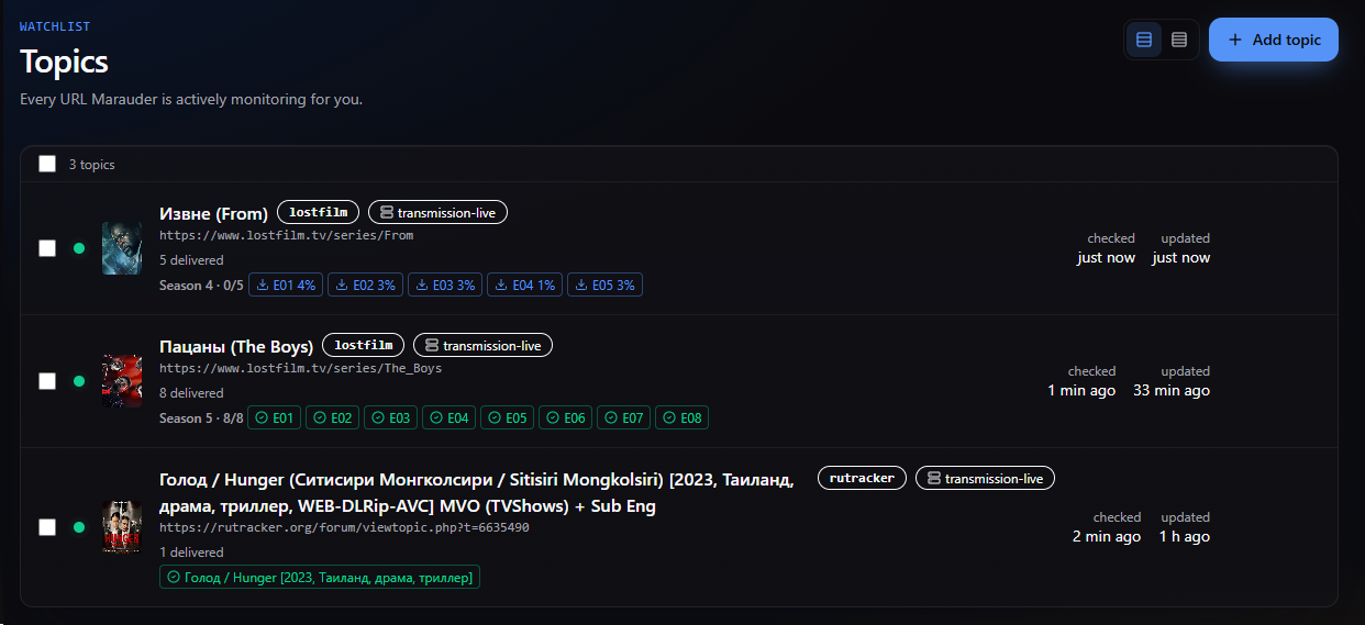 Marauder Topics list: monitored series with live per-episode download progress bars (E01–E05) delivered through Transmission, each tagged transmission-live.